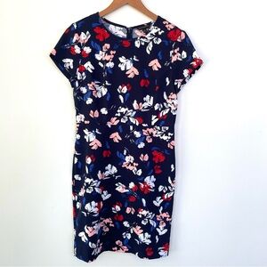 Banana Republic Short Sleeve Printed Satin Dress 6P Navy Blue Red White Sheath